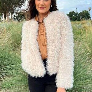 Shaggy cream beige faux fur jacket coat